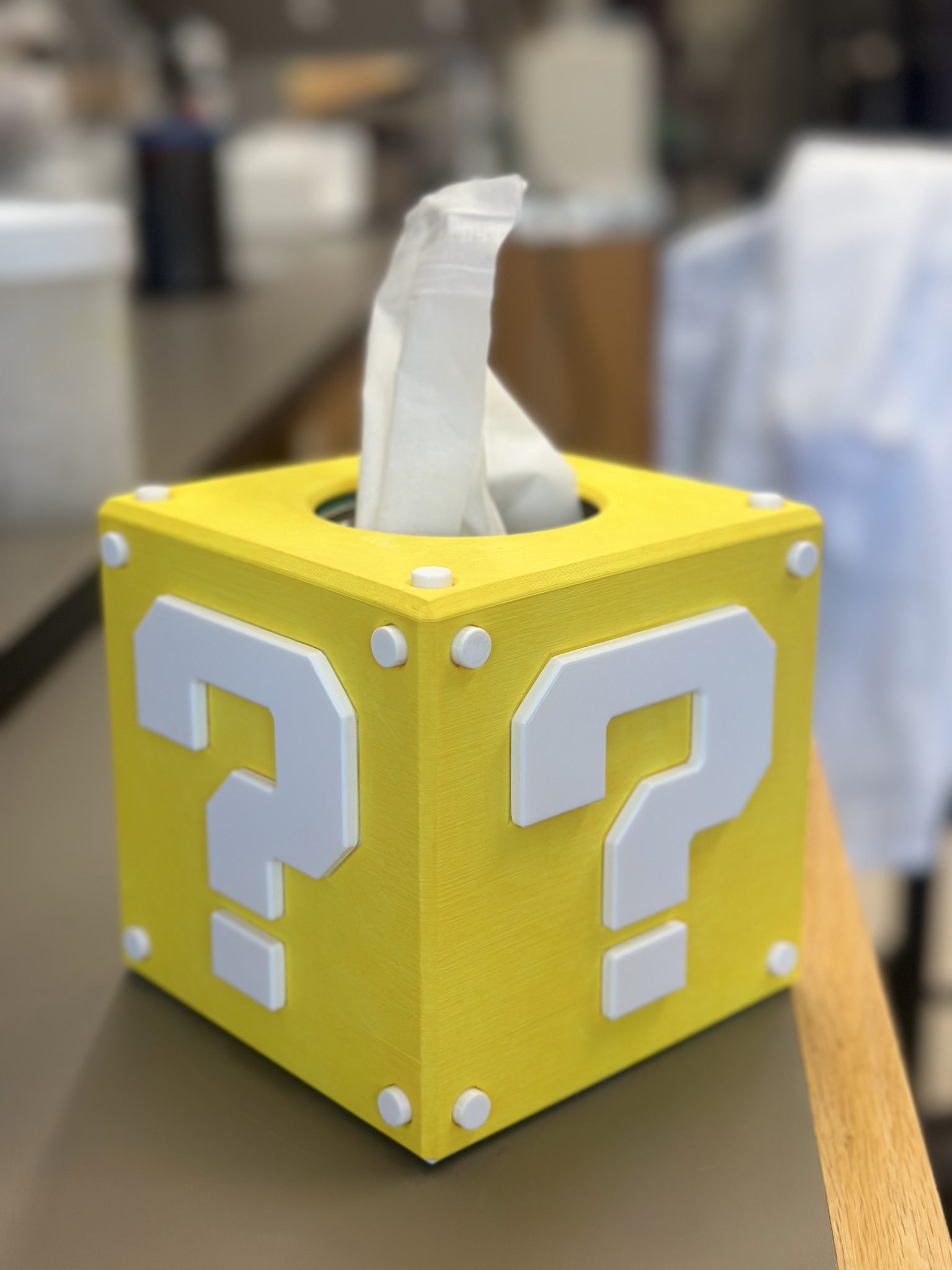 A 3D-printed question mark tissue box (Cambridge, MA)